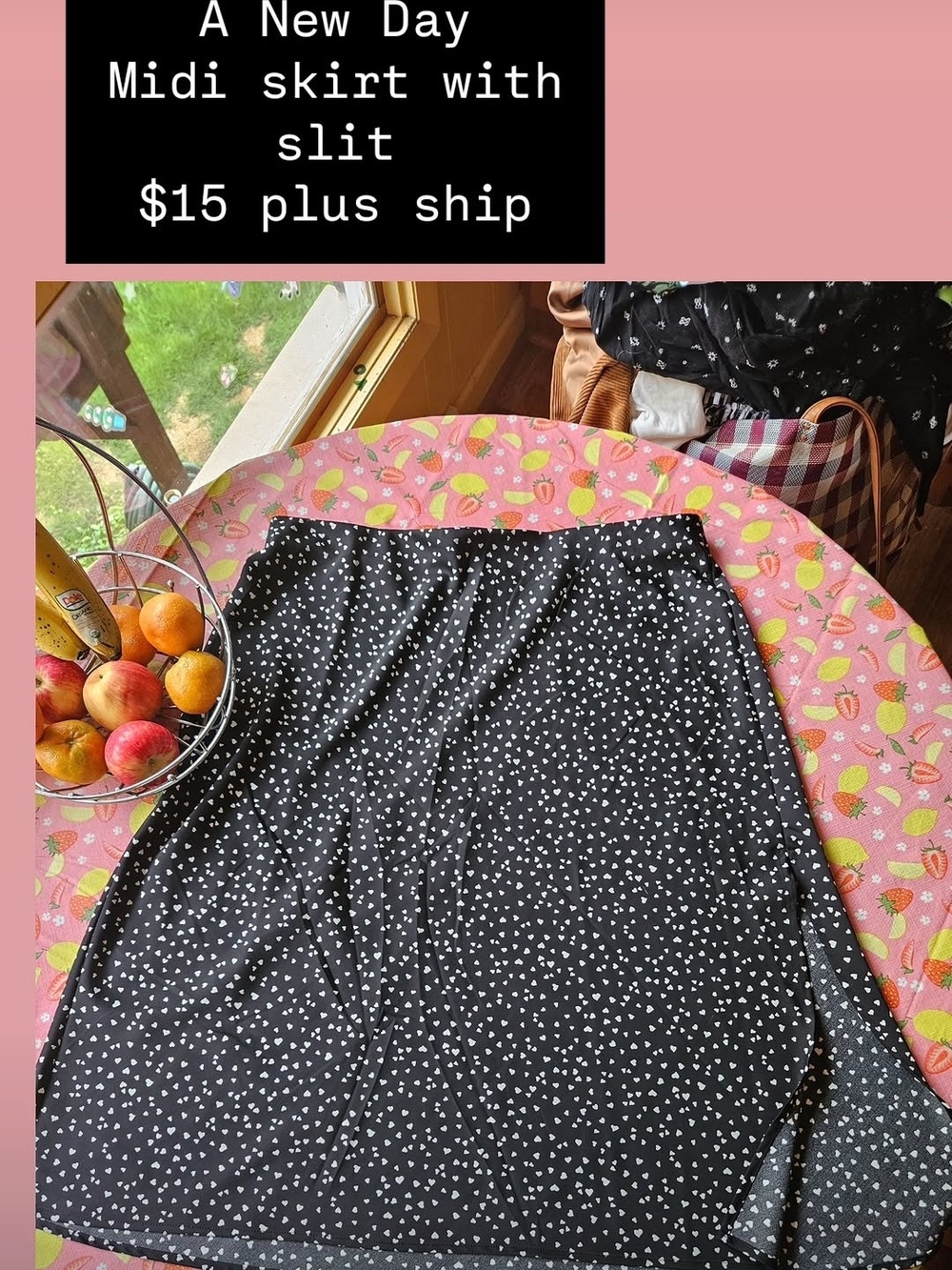 A New Day Black Midi Skirt with White Heart Print and Slit